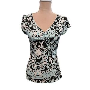 Vtg Wrapper Paisley V-Neck Top Black Cinched Bust Short Sleeve Juniors Dark y2k